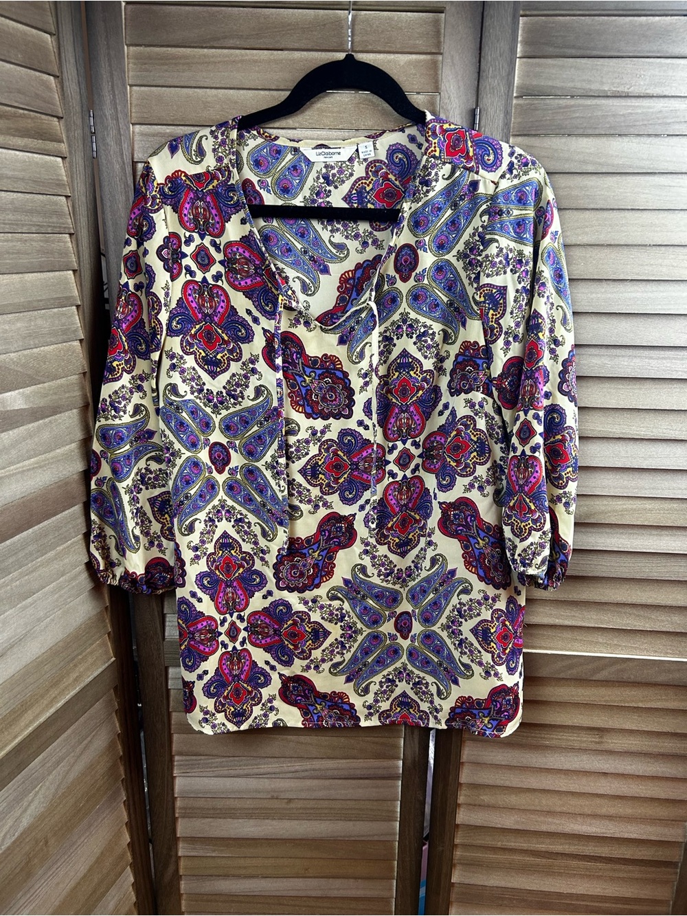 Liz Claiborne Women’s Small Paisley Boho Peasant Blouse 3/4 Sleeve Tie Neck
